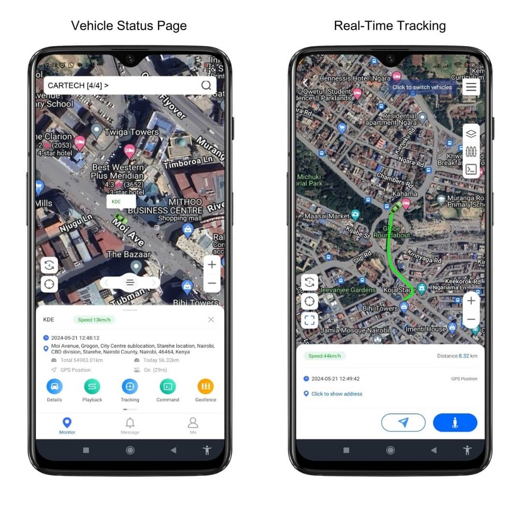 Premium GPS Car Tracking System in Kenya Installation 2 Car Status Real time track CarTech Telematics Premium Car Tracking system phone app Kenya car tracker Nairobi