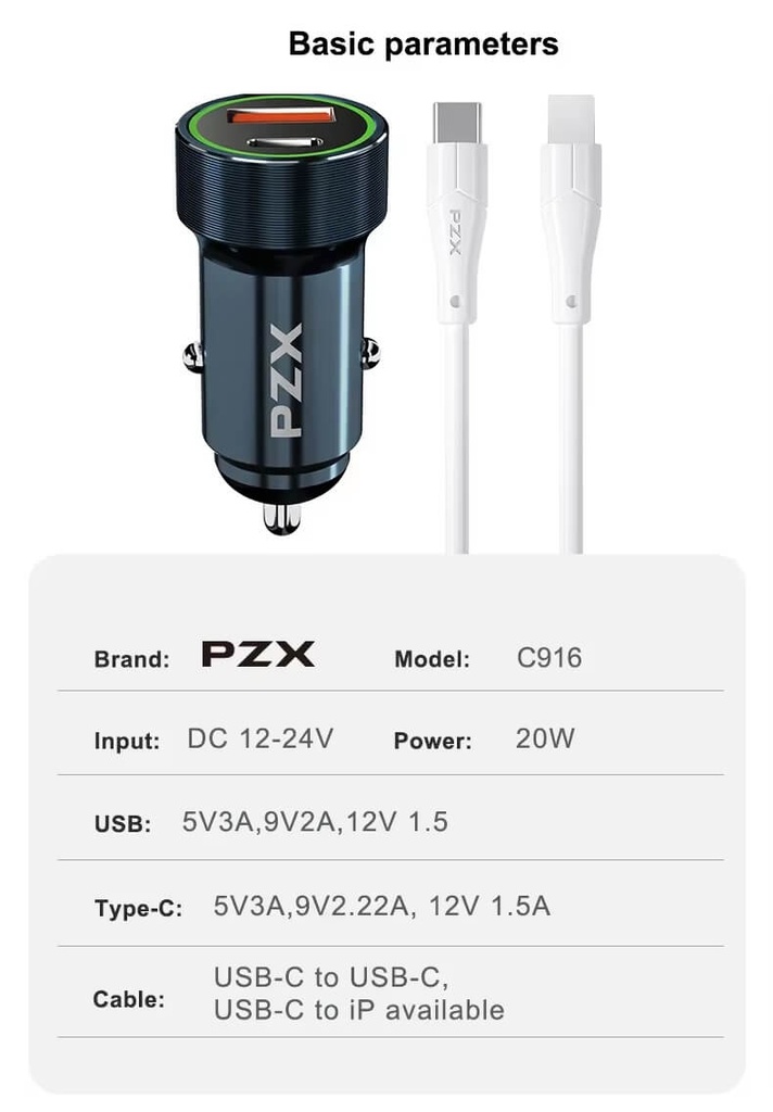 PZX 20W Fast Car Charger Dual USB Type C Adapter PD QC 5.0 C916 in Kenya car charger with type c port and type C to type cable fast car phone charger in Kenya