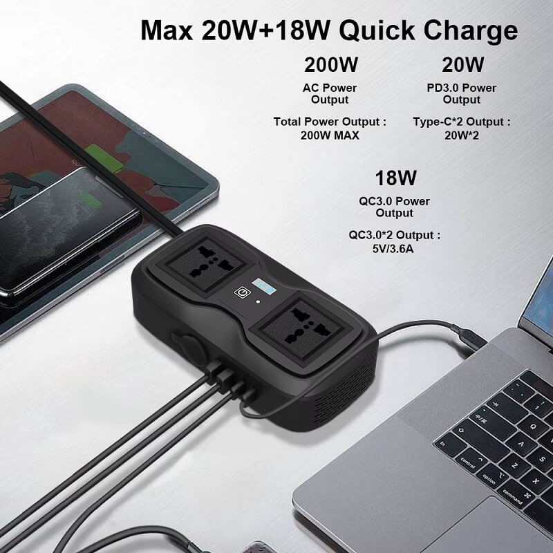 Car Inverter 200W AC to DC 12V Vehicle Power Converter with Type C & USB Ports in Kenya Quick fast charger QC power delivery PD 20W 18W