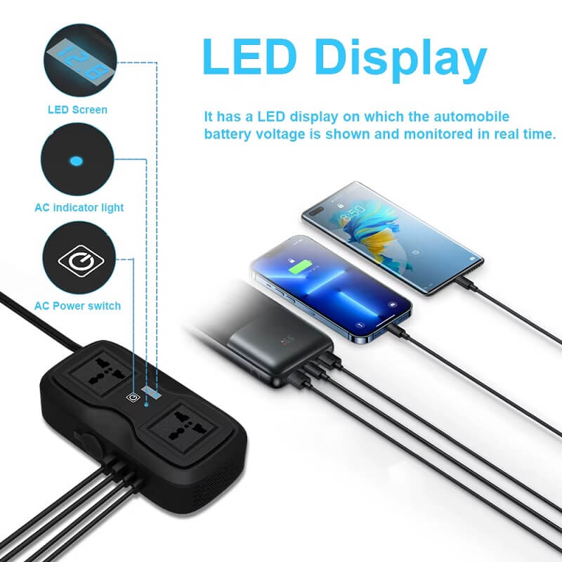 Car Inverter 200W AC to DC 12V Vehicle Power Converter with Type C & USB Ports in Kenya
