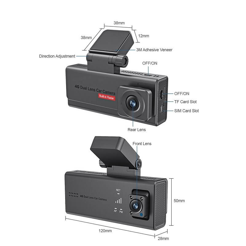 4G Dual Lens Dash Cam SIM Card GPS Radar 4MP Front Inside Ucon App in Kenya dimensions and parts of 4G dash cam in Kenya